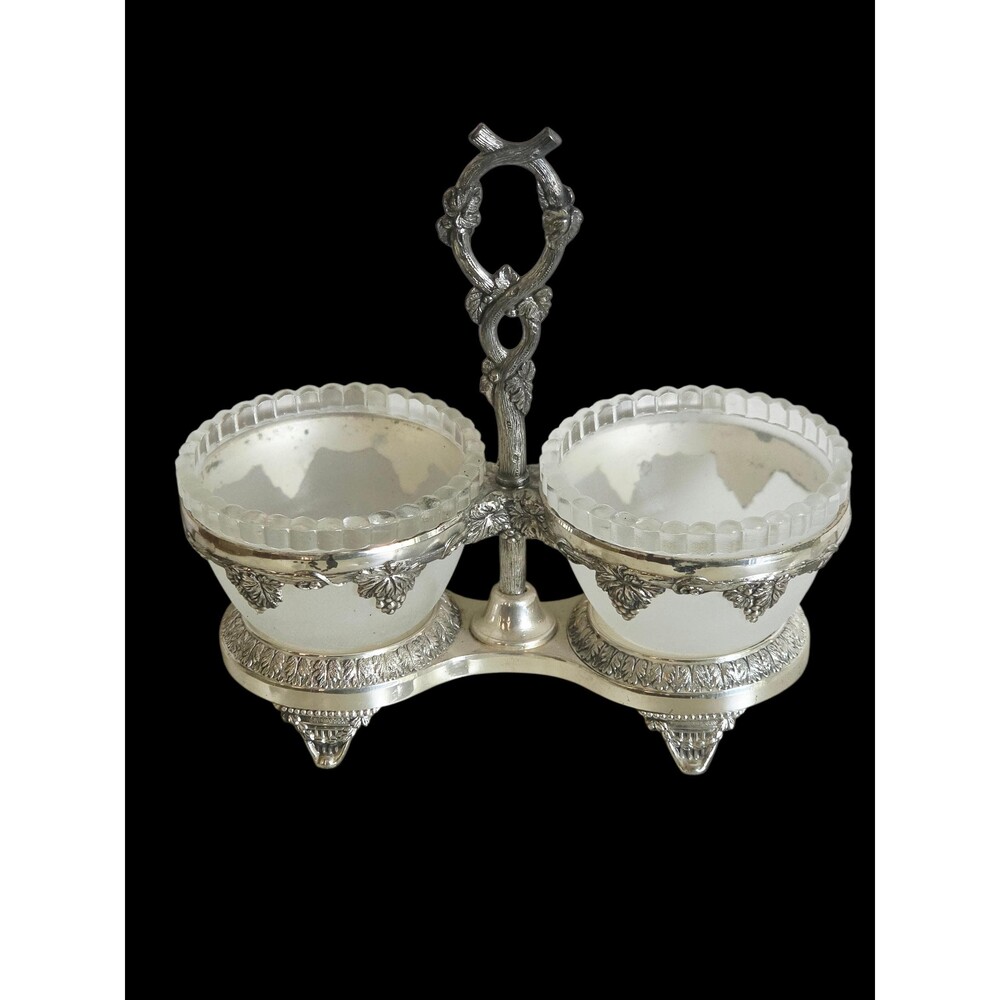 Vintage  Japan Silver Plated Double Condiment Server Caddy Frosted Glass Bowls